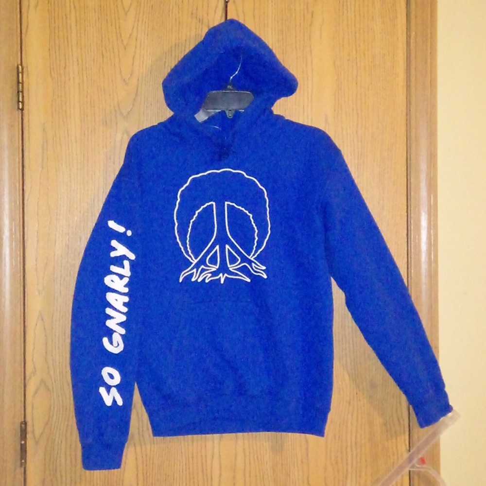 BLUE/WHITE (SO GNARLY! Arms) Tree Peace sign w/ roots long sleeve hoodie SIZE:S